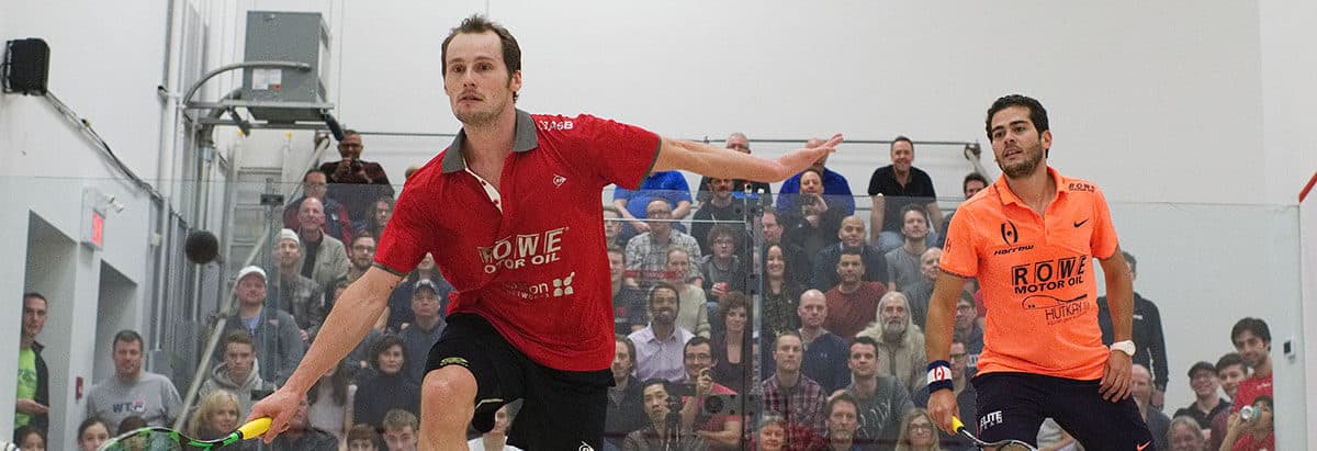 Squash match action at Edmonton Squash Club